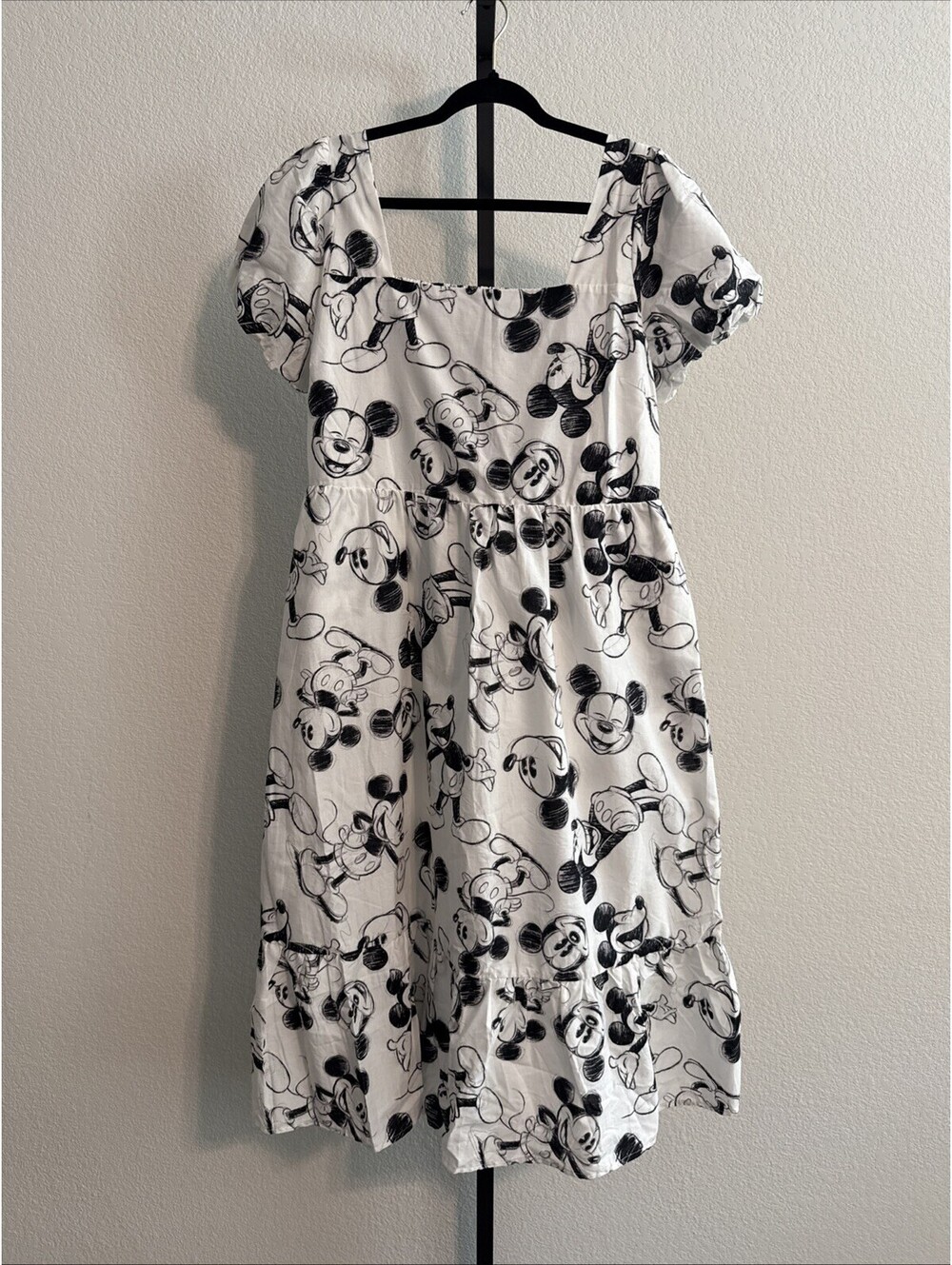 RARE Disney Mickey Mouse Sketch Art Print Midi Dress Puff Sleeve Smocked- XL